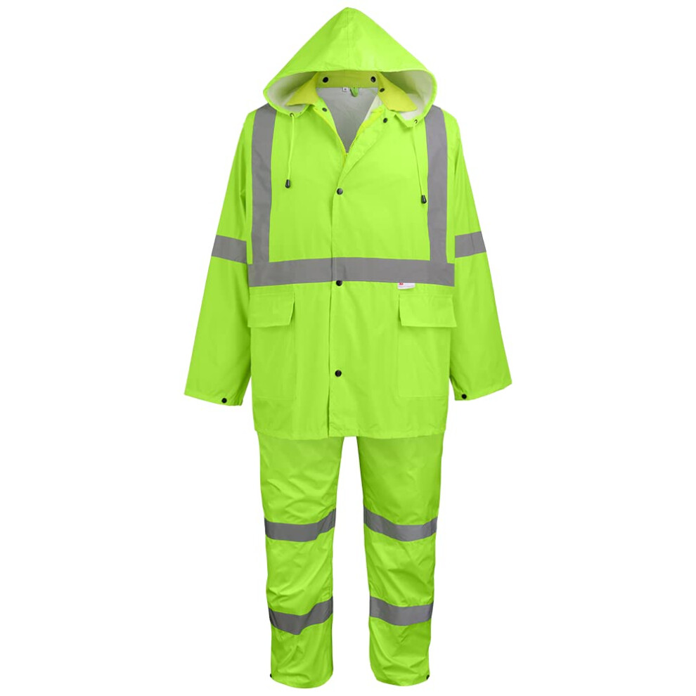 Global Glove Frogwear Glo-8000 Unisex High-Visibility Rain Suit Lightweight Three-Piece Rain Gear With Waterproof Jacket Bibs And Detachable Hood - 816368025636