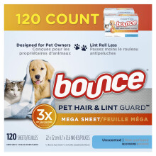 Bouce Bounce Dierenhaar en Lint Guard Mega Droger Vellen voor Wasserij Wasverzachter met 3X Pet Hair Fighters Ongeparfumeerd Hypoallergeen 120 stuks
