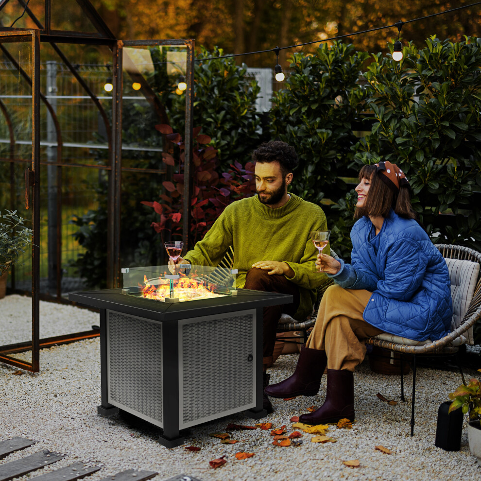 Outsunny Outdoor Propane Gas Fire Pit Table W/ Wind Screen & Glass Beads, Grey