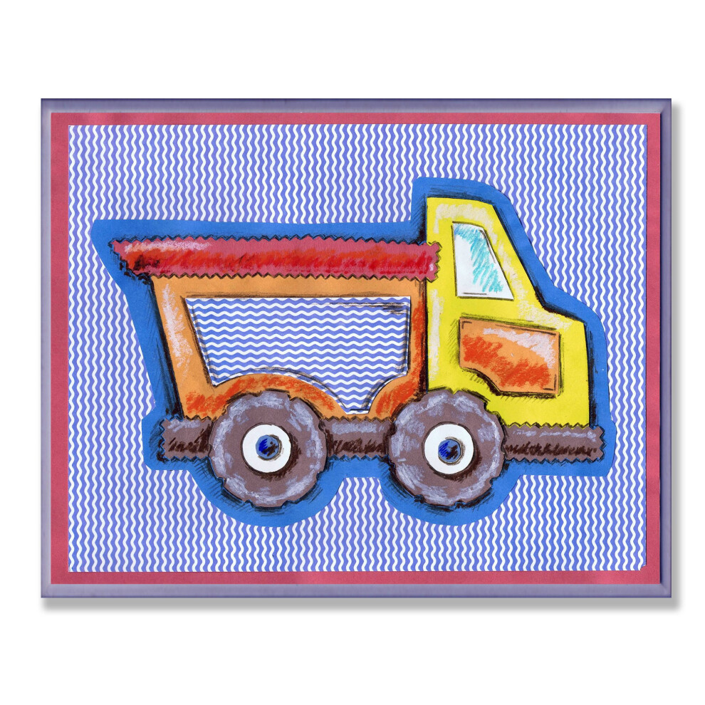 Plaque murale rectangulaire     rayures bleues repr   sentant un camion     benne basculante jaune et orange sur fond bleu, par Stupell