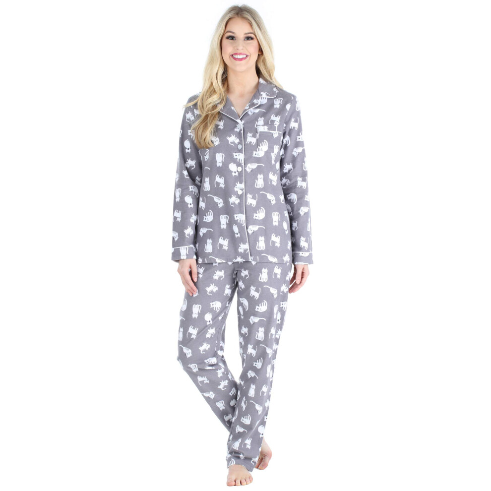 Pyjama femme en flanelle de coton     manches longues et boutons, motif chats gris, taille XS