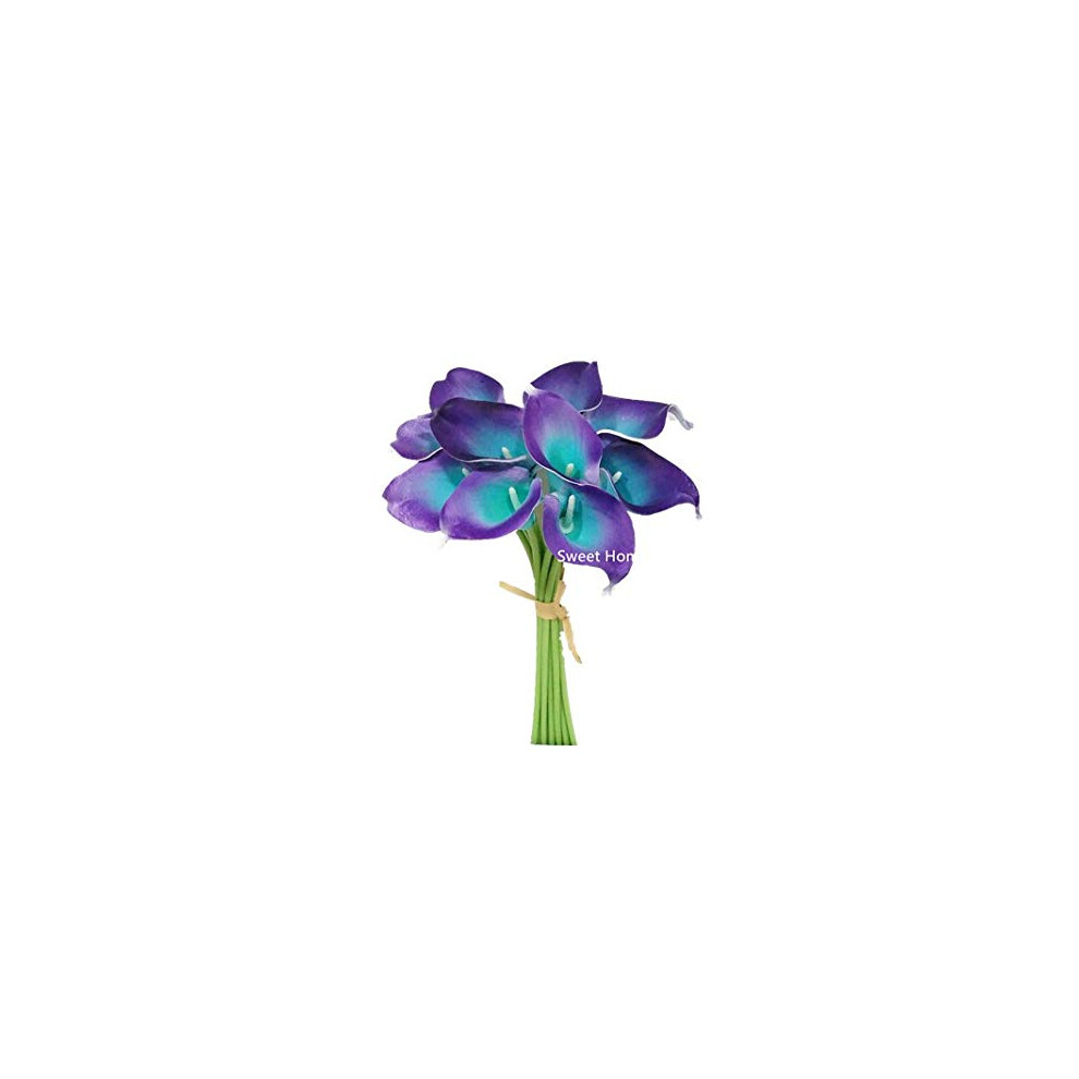 Bouquet de lys calla artificiels Sweet Home Deco en latex, toucher r   aliste, 15 pouces, 10 tiges, pour maison/mariage (violet/bleu)