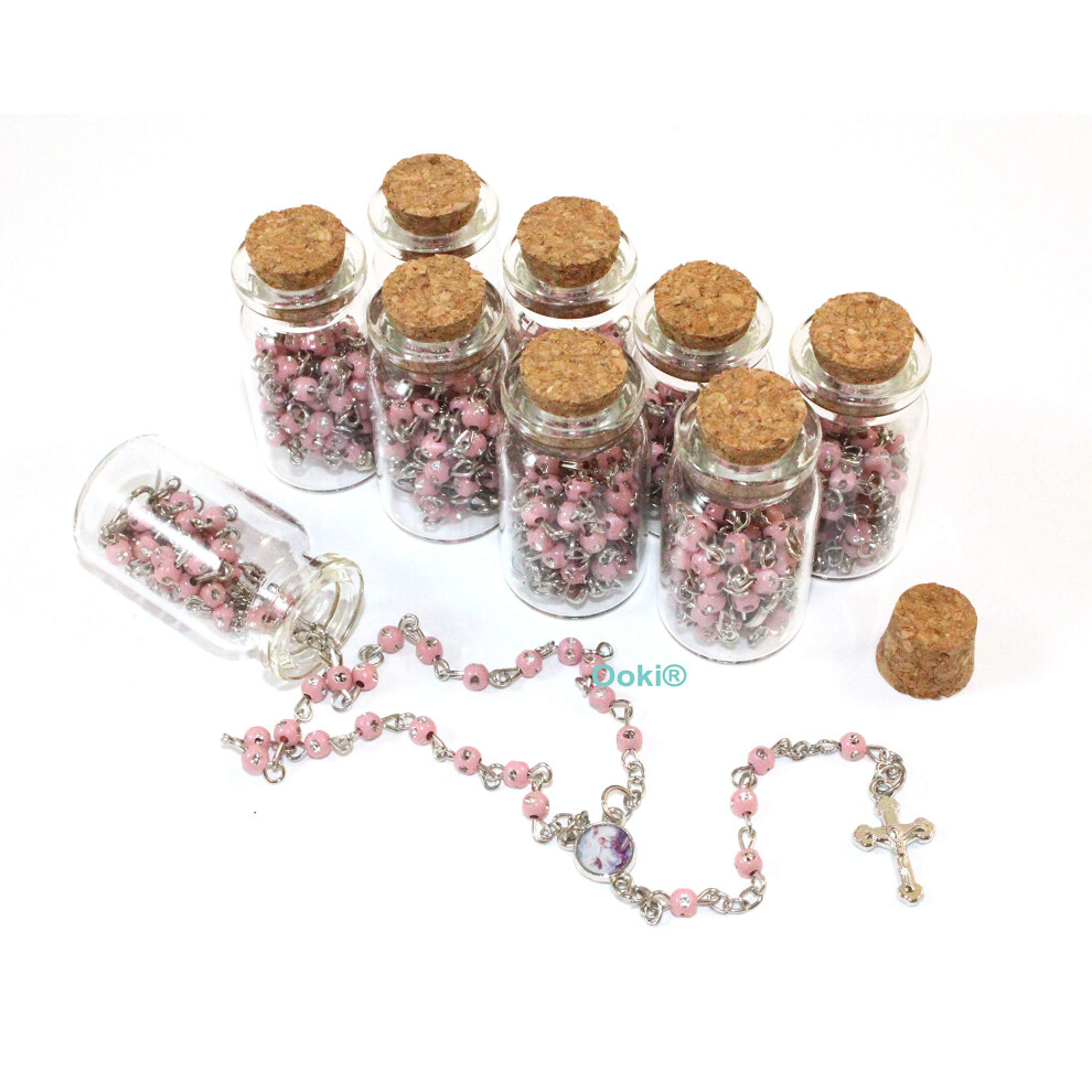 12 Piezas De Rosario Para Beb Bendito En Frasco De Vidrio Con Cuentas Rosadas, Recuerdos De Bautizo, Collar Con Crucifijo Cat Lico De Plata, Rec-image