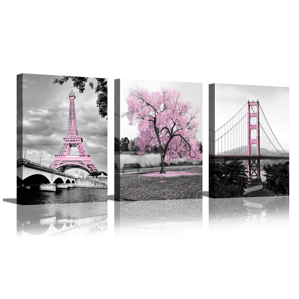 D   coration murale pour chambre     coucher, arbre rose, Paris, Tour Eiffel, Golden Gate Bridge, affiche romantique en noir et blanc, images de sall
