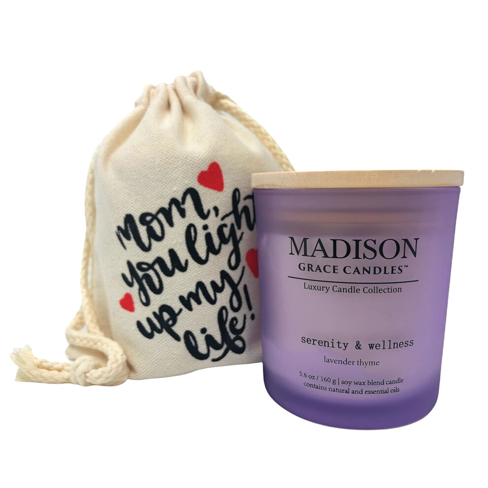 Bougie parfumée à la lavande Madison Grace en cire de soja, 165 g, pot givré avec couvercle en bois, cadeau d'aromathérapie pour maman, anniversa