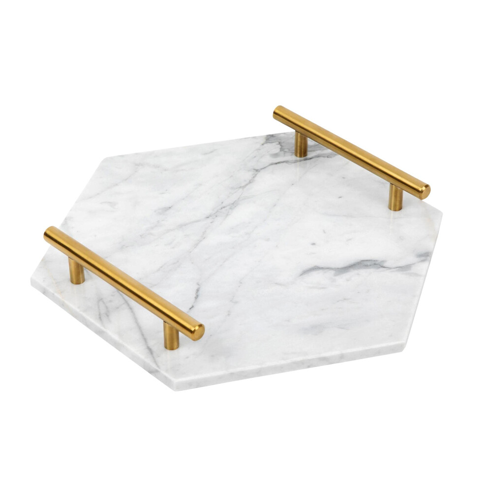 Plateau en marbre blanc avec poign   es dor   es - Plateau     parfum en marbre massif pour meuble-lavabo - Plateau hexagonal chic et moderne, plateau