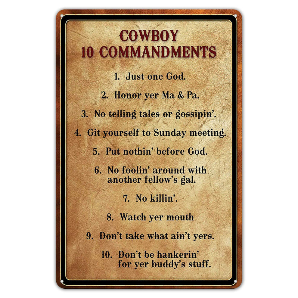 Sarcarse Targa In Metallo Vintage Retrò Palestra Decorazione Da Parete Casa Interna Targa In Latta Cowboy 10 Commandments Seminterrato 20,3 X 30,5 Cm-image
