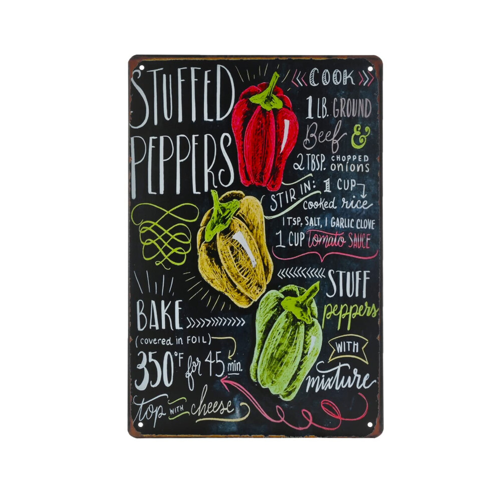 Plaque en m   tal vintage alimentaire - Poivrons farcis - D   coration murale pour cuisine, boulangerie, caf   , restaurant