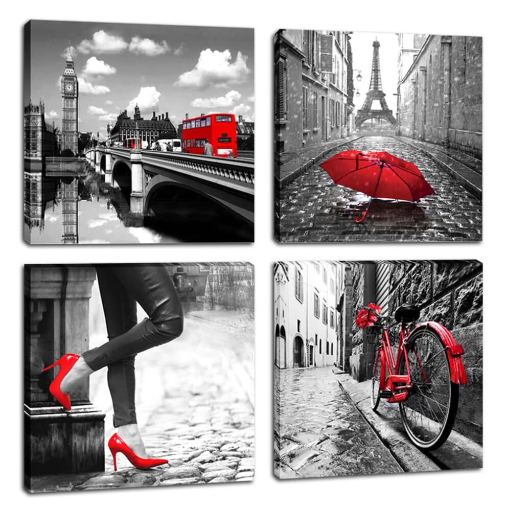 Impression sur toile murale noire et blanche YMYXMC33, 4 panneaux, Tour Eiffel de Paris, d   coration rouge pour salon, chambre     coucher, salle de