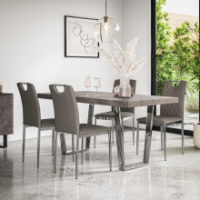 (Grey) Aria Dining Table Set Concrete Effect Chrome Legs w 4-6 Monza Faux Leather Chair