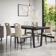 (Beige) Aria Dining Table And Chairs - Black Table Top w 4-6 Monza Faux Leather Chair