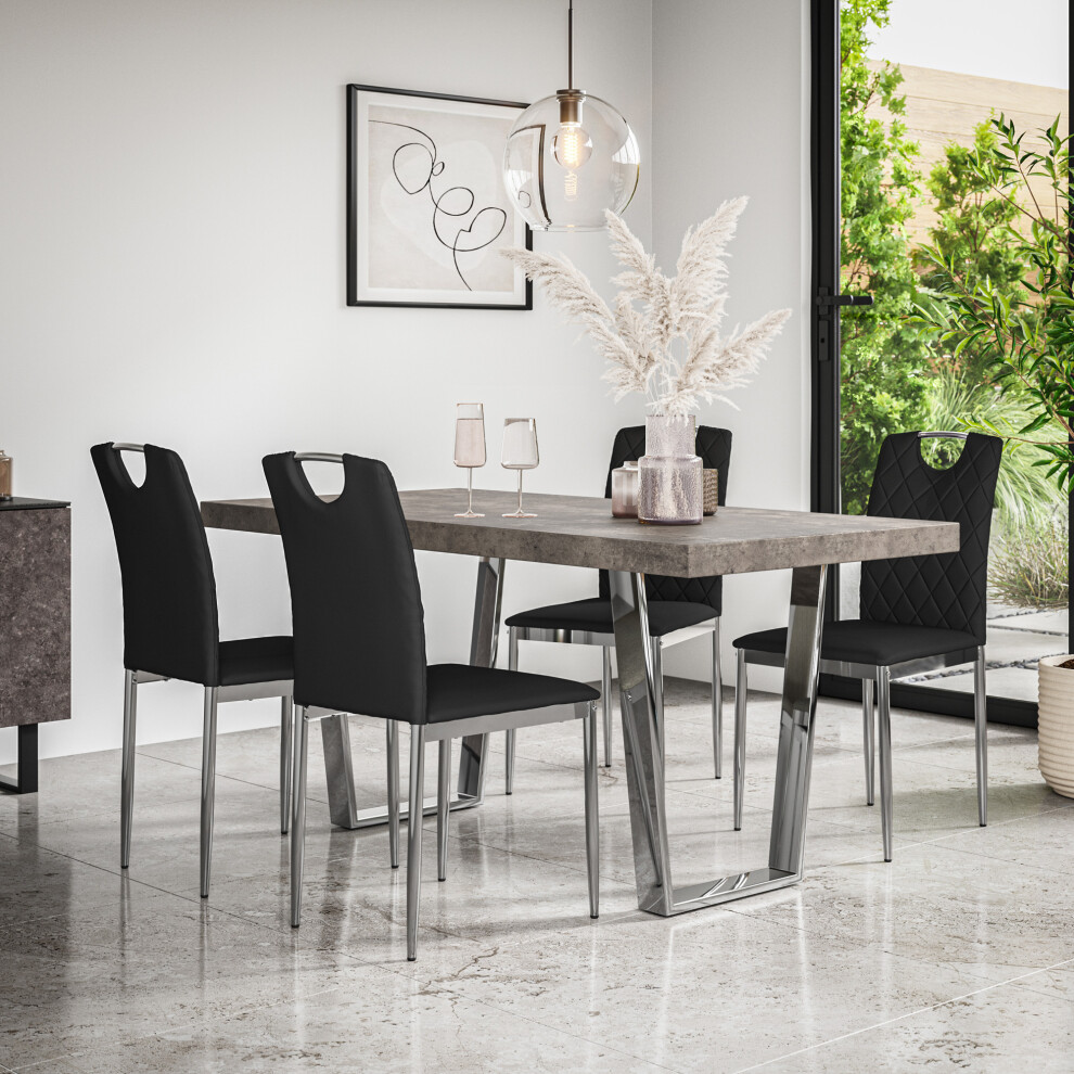 More4homes (Black) Aria Dining Table Set Concrete Effect Chrome Legs W 4-6 Monza Faux Leather Chair Black