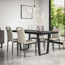 (Beige) Aria Dining Table And Chairs - Black Table Top w 4-6 Monza Linen Chair