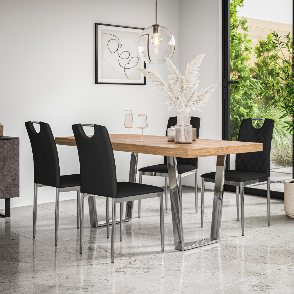 More4homes (Black) Aria Dining Table Set Oak Effect W Chrome Legs W 4-6 Monza Faux Leather Chair Black