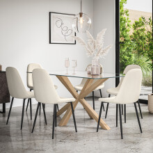 Etta Glass Dining Table Set w Oak Legs w 4-6 Maya Boucle Chairs