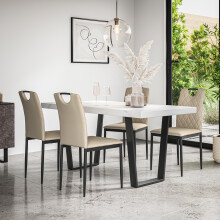 (Beige) Aria Dining Table And Chairs- Marble Effect Table w 4-6 Monza Faux Leather Chair