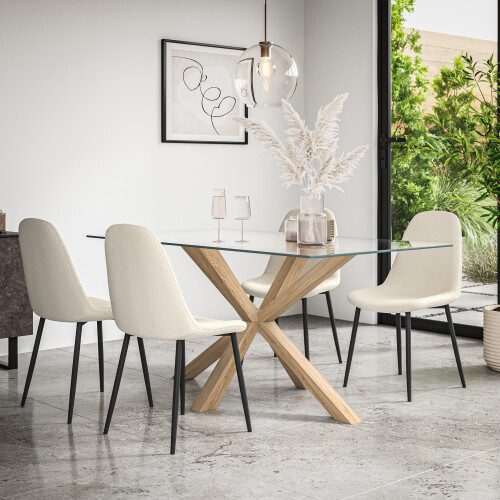 MORE4HOMES Etta Glass Dining Table Set w Oak Legs w 4-6 Maya Boucle Chairs