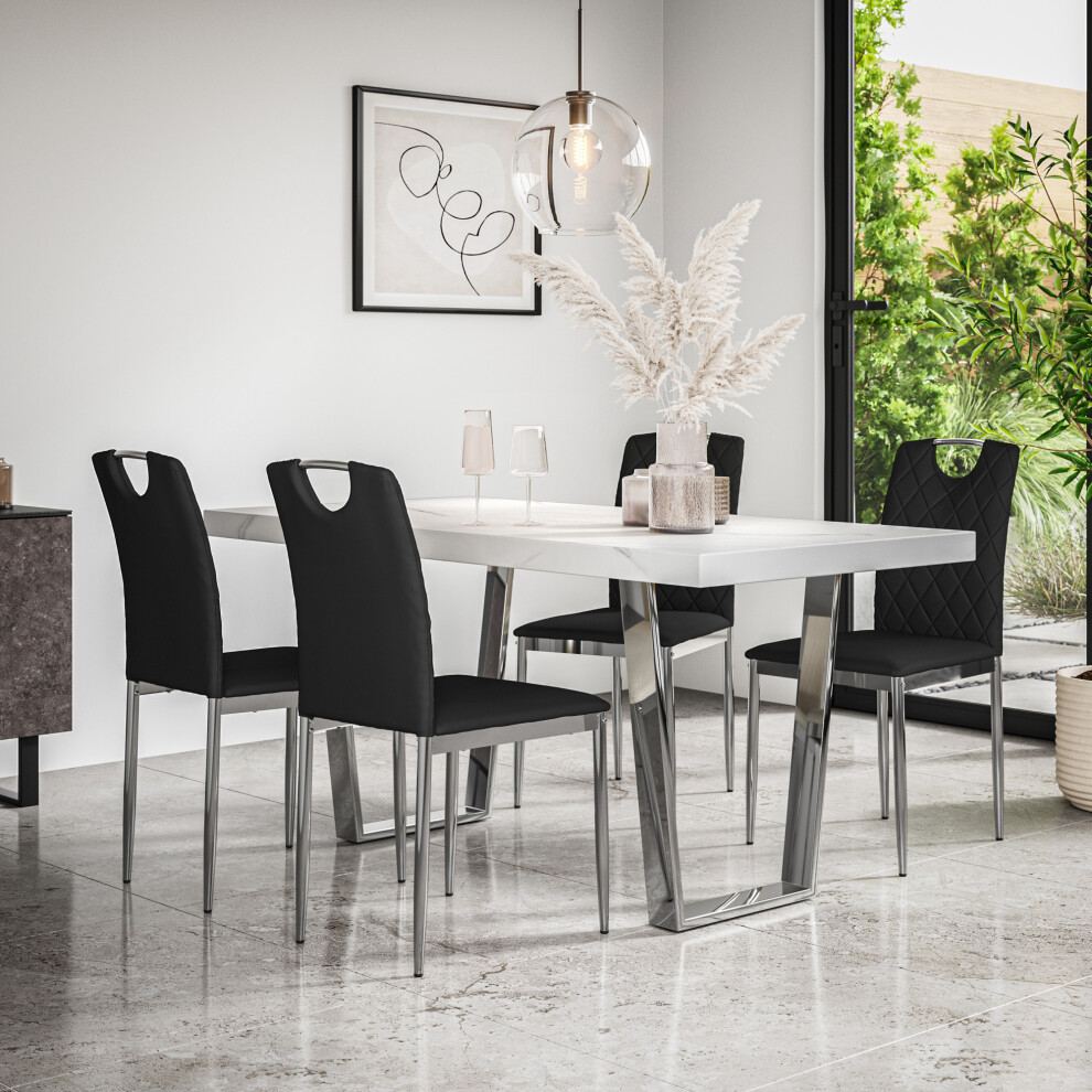 More4homes (Black) Aria Dining Table Set Marble Effect W Chrome Legs W 4-6 Monza Faux Leather Chair Black