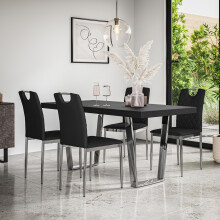 (Black) Aria Dining Table Set Black Table w Chrome Legs w 4-6 Monza Faux Leather Chair