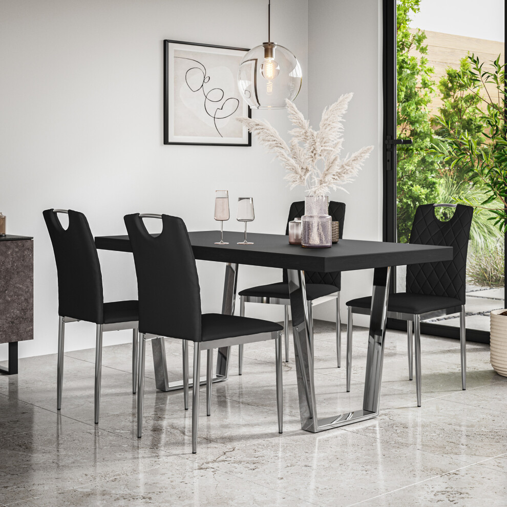 More4homes (Black) Aria Dining Table Set Table W Chrome Legs W 4-6 Monza Faux Leather Chair Black