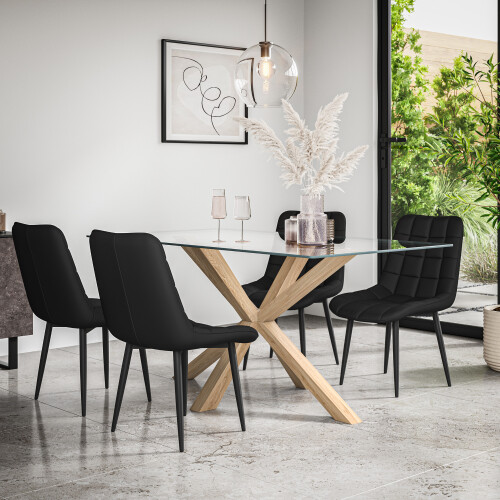 MORE4HOMES (Black) Etta Glass Dining Table Set w Solid Oak Legs w 4-6 Nova Faux Leather Chair