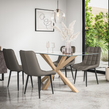 (Grey) Etta Glass Dining Table Set w Solid Oak Legs w 4-6 Nova Faux Leather Chair