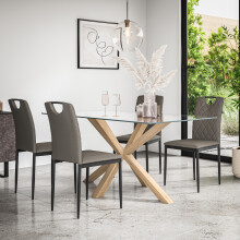 (Grey) Etta Glass Dining Table Set w Solid Oak Legs w 4-6 Monza Faux Leather Chair