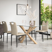 (Beige) Etta Glass Dining Table Set w Solid Oak Legs w 4-6 Monza Faux Leather Chair