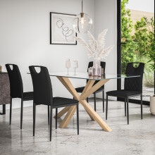 (Black) Etta Glass Dining Table Set w Solid Oak Legs w 4-6 Monza Faux Leather Chair