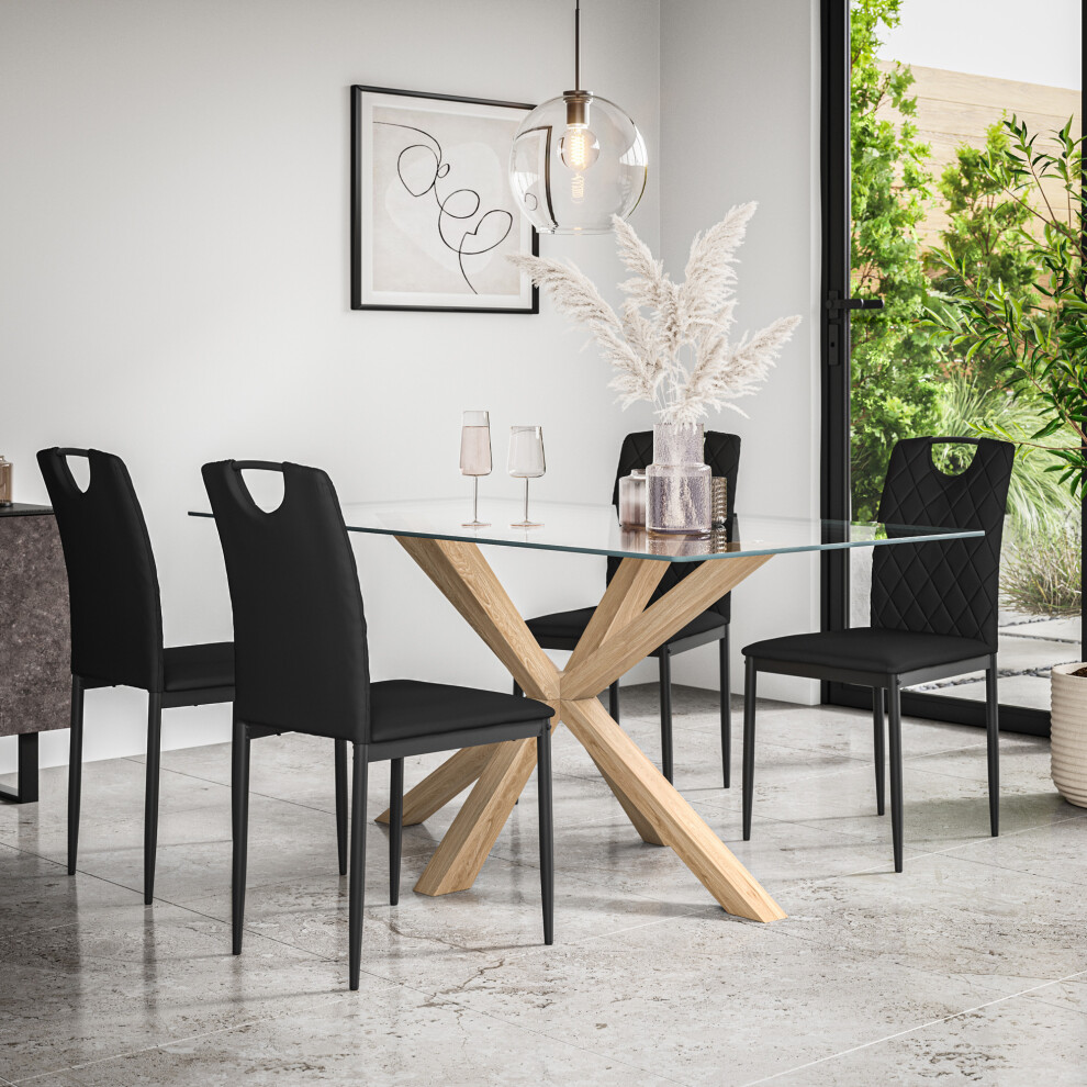Photos - Dining Table  Etta Glass  Set w Solid Oak Legs w 4-6 Monza Faux Leather Chair Black KIT-SET-ETT-GLS-OK-MON4-FL-BLA(Black)