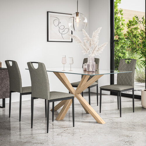 MORE4HOMES (Grey) Etta Glass Dining Table Set w Solid Oak Legs w 4-6 Monza Fabric Chair
