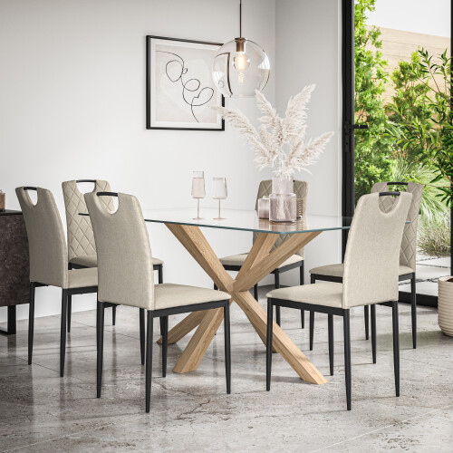 MORE4HOMES (Beige) Etta Glass Dining Table Set w Solid Oak Legs w 4-6 Monza Fabric Chair