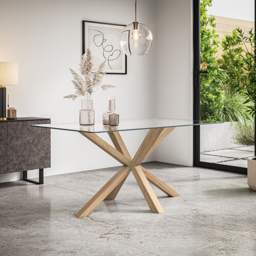 MORE4HOMES (Grey) Etta Glass Dining Table Set w Solid Oak Legs w 4-6 Monza Fabric Chair 1