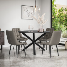 (Grey) Malvern Round Black Dining Table Set Black Oak Legs 4-6 Nova Faux Leather Chair