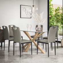 (Grey) Etta Glass Dining Table Set w Solid Oak Legs w 4-6 Monza Fabric Chair