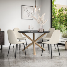 Malvern Round Black Dining Table Set w Oak Legs w 4-6 Maya Boucle Chair