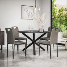 (Grey) Malvern Round Black Dining Table Set w Black Oak Legs w 4-6 Monza Chairs