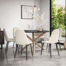 Malvern Round Black Dining Table Set w Oak Legs w 4-6 Maya Boucle Chair