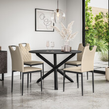 (Beige) Malvern Round Black Dining Table Set w Black Oak Legs w 4-6 Monza Chairs