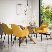 (Mustard) Etta Glass Dining Table Set w Solid Oak Legs w 4-6 Anika Velvet Chair