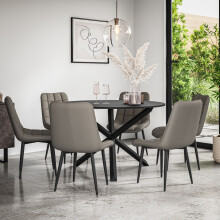 (Grey) Malvern Round Black Dining Table Set Black Oak Legs 4-6 Nova Faux Leather Chair