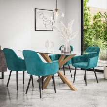 (Blue) Etta Glass Dining Table Set w Solid Oak Legs w 4-6 Anika Velvet Chair