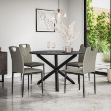 (Grey) Malvern Round Black Dining Table Set w Black Oak Legs w 4-6 Monza Fabric Chair