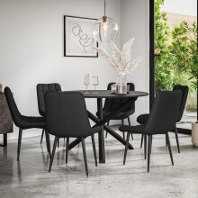 (Black) Malvern Round Black Dining Table Set Black Oak Legs 4-6 Nova Faux Leather Chair