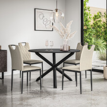 (Beige) Malvern Round Black Dining Table Set w Black Oak Legs w 4-6 Monza Fabric Chair