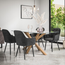 (Black) Etta Glass Dining Table Set w Solid Oak Legs w 4-6 Anika Velvet Chair