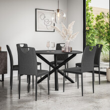 (Charcoal) Malvern Round Black Dining Table Set w Black Oak Legs w 4-6 Monza Fabric Chair