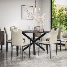 (Beige) Malvern Round Black Dining Table Set w Black Oak Legs w 4-6 Monza Fabric Chair