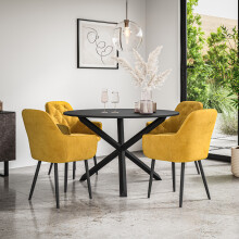 (Mustard) Malvern Round Black Dining Table Set w Black Oak Legs w 4 Anika Velvet Chairs