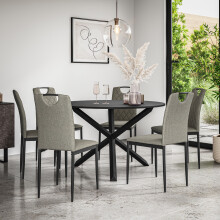 (Grey) Malvern Round Black Dining Table Set w Black Oak Legs w 4-6 Monza Fabric Chair